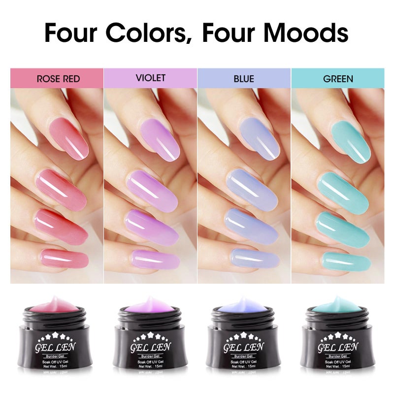 Gellen Builder Gel Kit - Nail Extension Kit with 4 Pastel Colors: Rose, Red, Violet, Blue, Green - Hard Gel Nail Builder, 15ml - Image 2