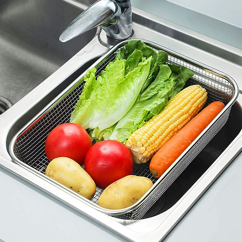 SHREESAMP Small Air Fry Basket with Vegetable and Fruit Safe Washing Kitchen Utensils Drain Strainer Fine Large Small Metal Stainless Steel Rectangular Shape Colander Basket (29.5x22x6CM), Silver - Image 5
