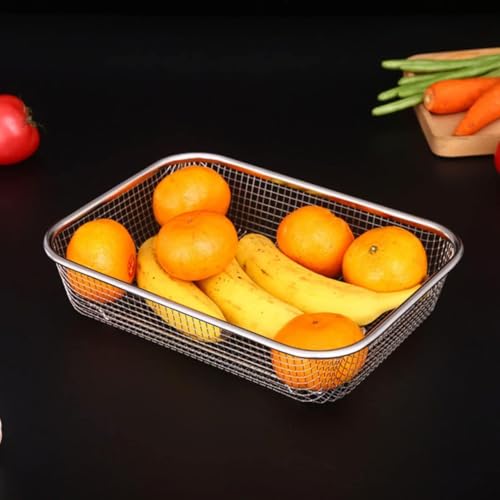 SHREESAMP Small Air Fry Basket with Vegetable and Fruit Safe Washing Kitchen Utensils Drain Strainer Fine Large Small Metal Stainless Steel Rectangular Shape Colander Basket (29.5x22x6CM), Silver - Image 3