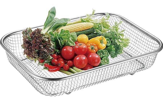 SHREESAMP Small Air Fry Basket with Vegetable and Fruit Safe Washing Kitchen Utensils Drain Strainer Fine Large Small Metal Stainless Steel Rectangular Shape Colander Basket (29.5x22x6CM), Silver - Image 2