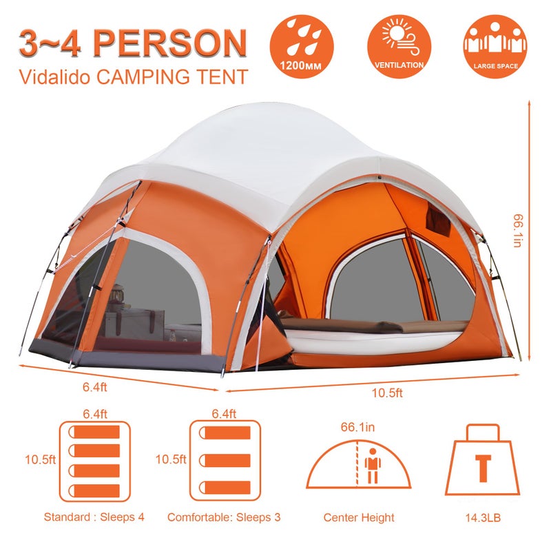 Vidalido 3-4 Person Camping Tent with 2 Large Mesh Door 4 Mesh Window Family Tents, Double Layer Waterproof Portable Easy Setup Camp Tent, Canvas Dome Tents for Camping Outdoor Hiking and Backpacking - Image 4
