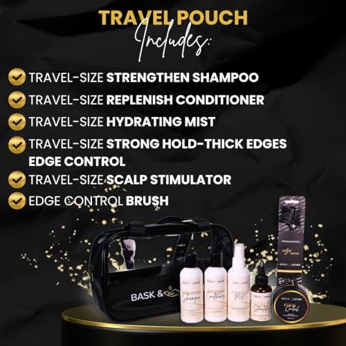 BASK & LATHER Bask Lather On the Go Travel Essential Kit Hydrating Hair Products for Black Hair Travel Case With Shampoo Conditioner Mist Edge Control Scalp Stimulator Edge Control Brush TSA Accepted - Image 3