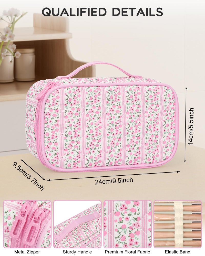 Relavel Cute Makeup Bag for Girls, Portable Pink Cosmetic Bag, Dual-layer Makeup Pouch with Brush Holder, Multi-Functional Preppy Toiletry Organizer for Travel, Daily Use - Pink Flower - Image 2