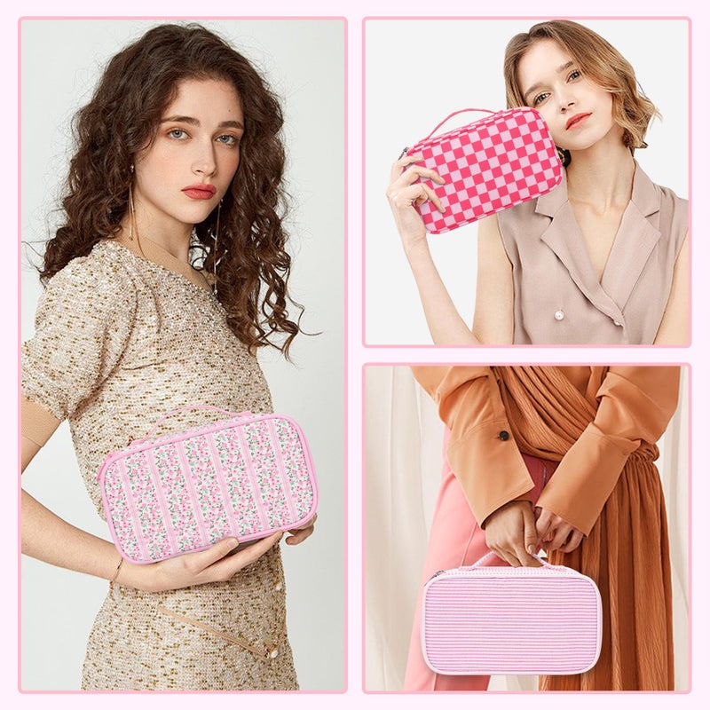 Relavel Cute Makeup Bag for Girls, Portable Pink Cosmetic Bag, Dual-layer Makeup Pouch with Brush Holder, Multi-Functional Preppy Toiletry Organizer for Travel, Daily Use - Pink Flower - Image 5