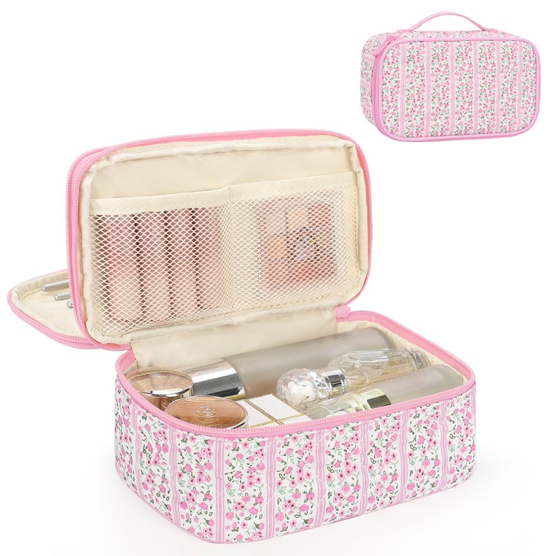 Relavel Cute Makeup Bag for Girls, Portable Pink Cosmetic Bag, Dual-layer Makeup Pouch with Brush Holder, Multi-Functional Preppy Toiletry Organizer for Travel, Daily Use - Pink Flower - Image 1