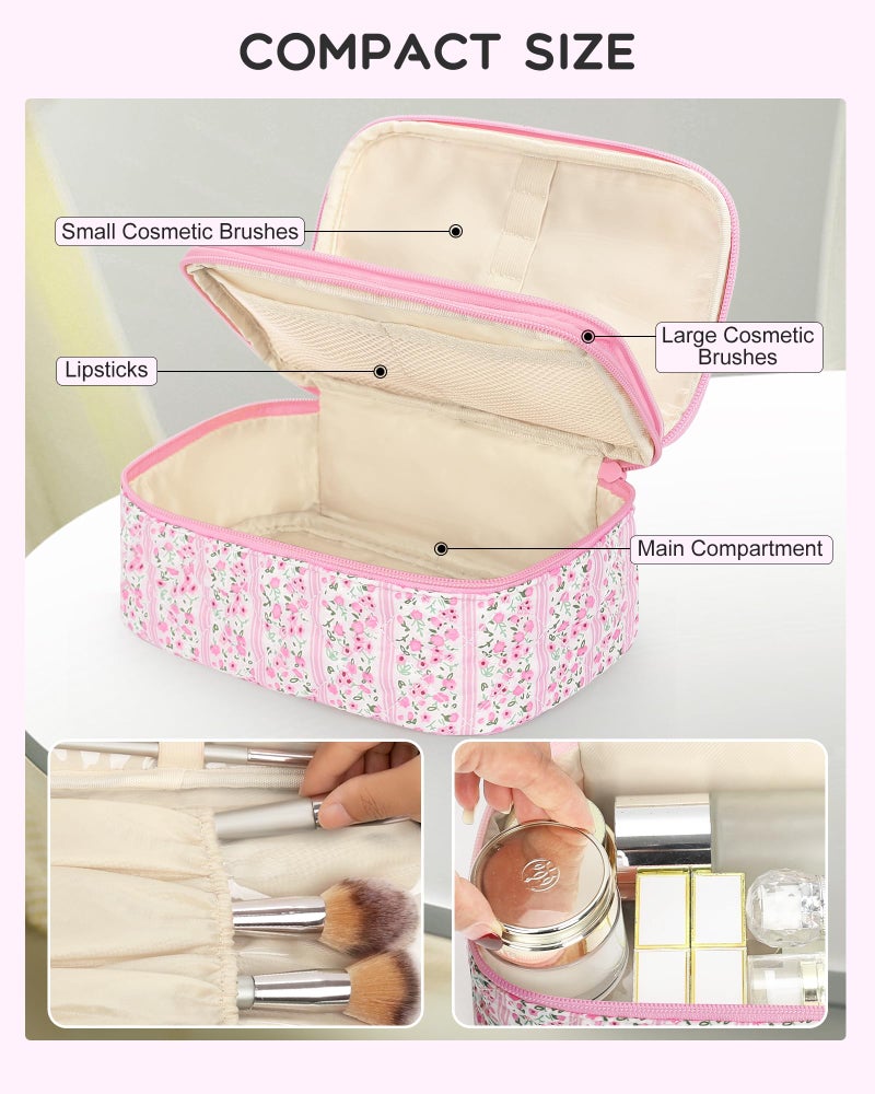 Relavel Cute Makeup Bag for Girls, Portable Pink Cosmetic Bag, Dual-layer Makeup Pouch with Brush Holder, Multi-Functional Preppy Toiletry Organizer for Travel, Daily Use - Pink Flower - Image 4