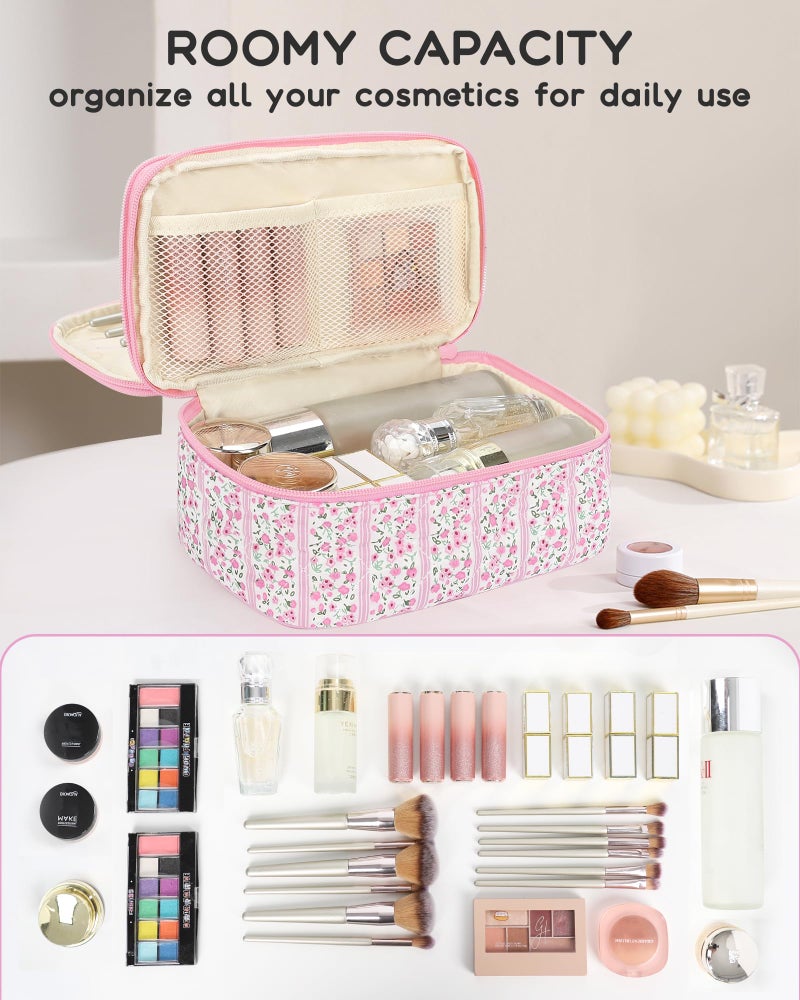 Relavel Cute Makeup Bag for Girls, Portable Pink Cosmetic Bag, Dual-layer Makeup Pouch with Brush Holder, Multi-Functional Preppy Toiletry Organizer for Travel, Daily Use - Pink Flower - Image 3