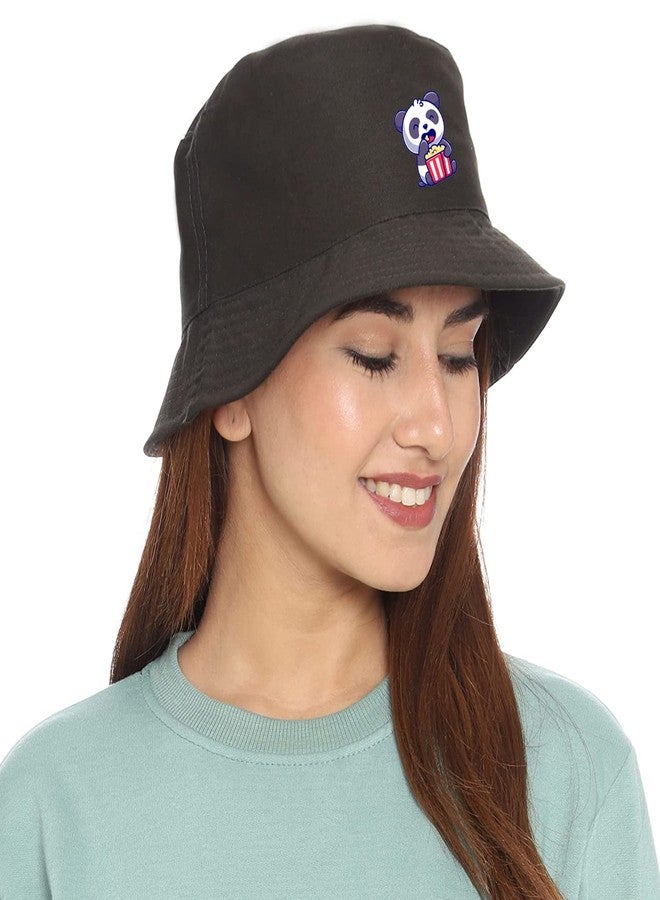 PrimeBox Unisex 100% Cotton Foldable Bucket Beach Sun Hat for Men Women Hat (Black Panda Popcorn Eat) - Image 4