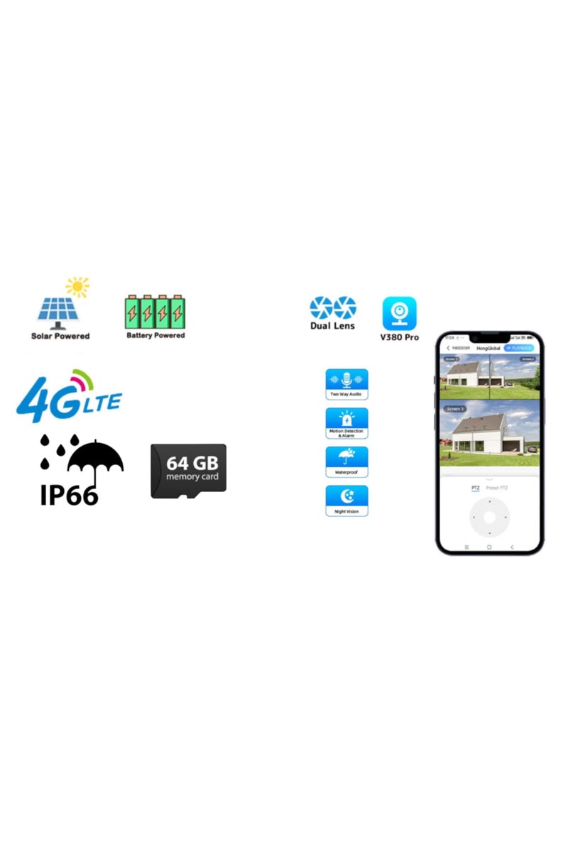 DIGI CORE 2 Pcs CCTV Camera For Home 6MP Dual Lens Camera Outdoor Security Camera System For Home & Indoor-Outdoor IP Cameras  (SIM Internet Working Only) With Different Modes 360 Wireless Camera With V380 Pro App Control Built-In Microphone And Speaker Human Detection Solar PTZ Security Cameras, 4G Network Supported Two Way Audio, Night Vision, Intelligent Solar Energy Alert PTZ Camera IP66 Waterproof Camera With 64GB SD Card - Image 4