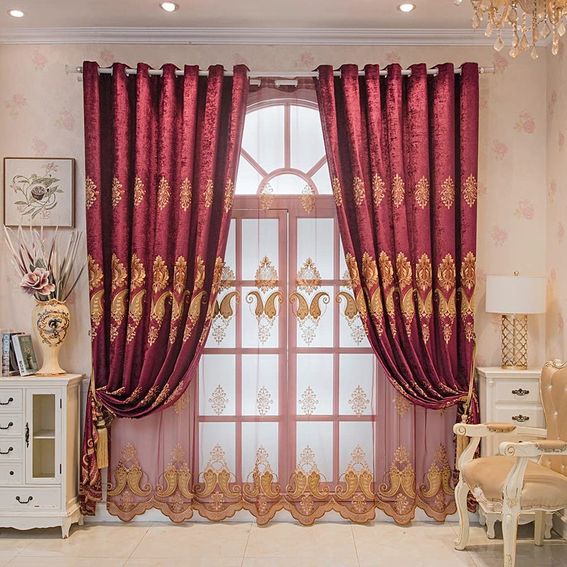 ELKCA Burgundy Red Chenille Curtain with Embroidered Pattern Festival European Curtains for Living Room Holiday CurtainsGrommet Top 52 W x 84 LPack of 2