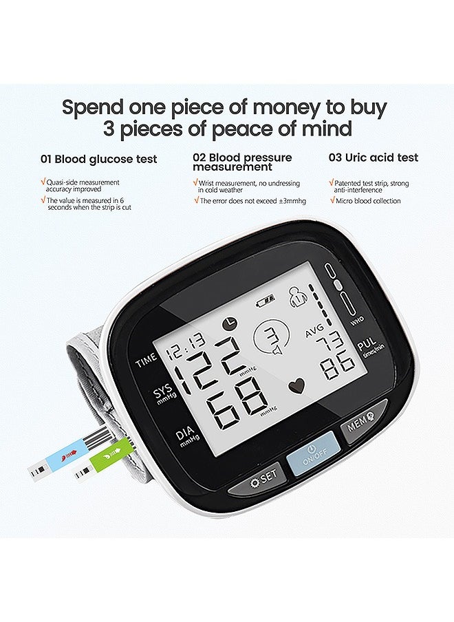 OLO 3-in-1 Blood Glucose Uric Acid Blood Pressure Monitor Kit, Voice Large LCD Display 256 Memories Digital Device, with 1 Lancing Device 50 Blood Glucose Test Strips 50 Uric Acid Test Strips and 100 Blood Lancets  - Image 3