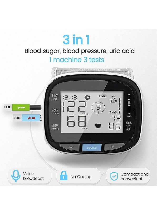OLO 3-in-1 Blood Glucose Uric Acid Blood Pressure Monitor Kit, Voice Large LCD Display 256 Memories Digital Device, with 1 Lancing Device 50 Blood Glucose Test Strips 50 Uric Acid Test Strips and 100 Blood Lancets  - Image 4