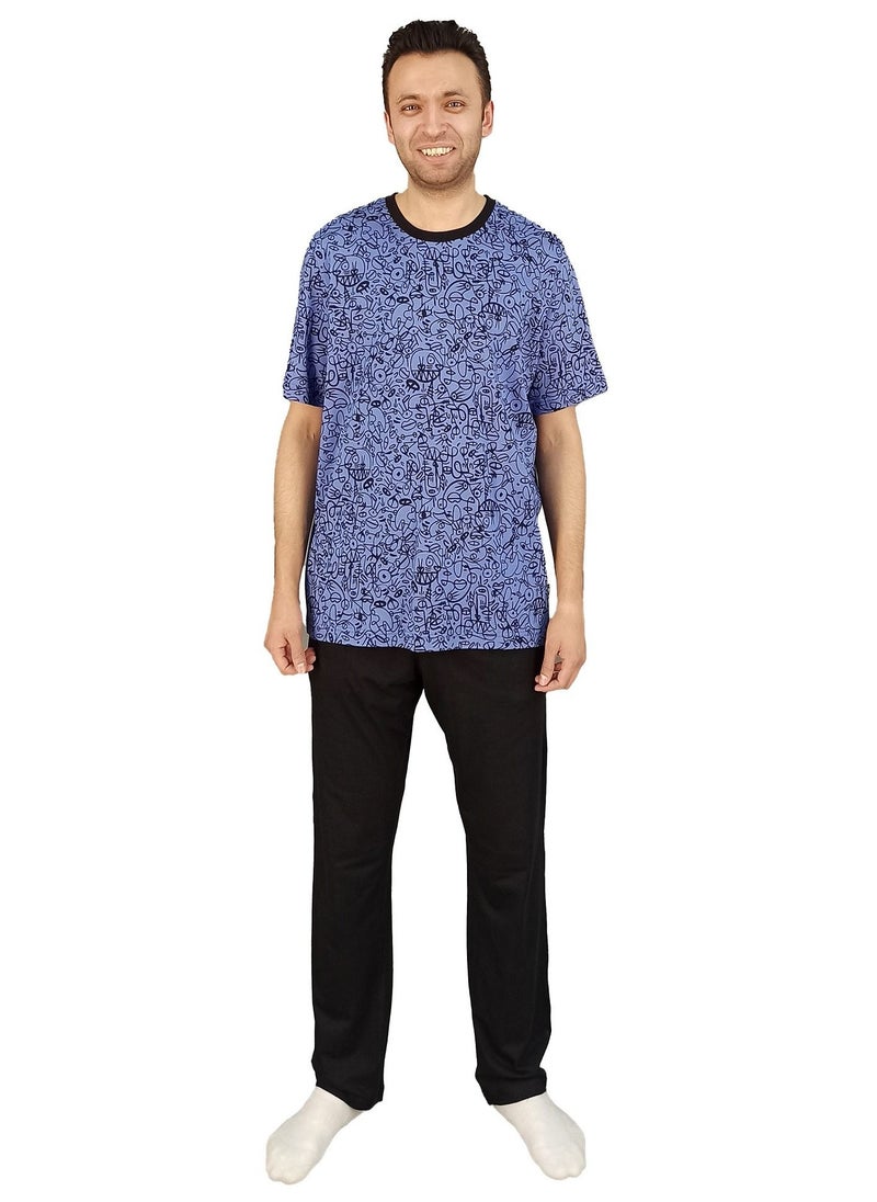 Jet - Men Summer Pajama Set Printed Top & Plain Bottom -Muave - Image 1