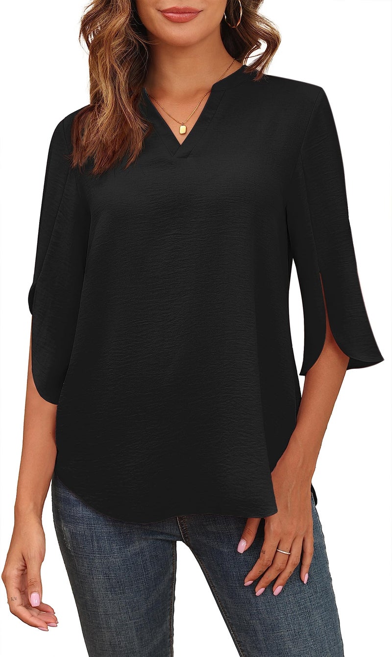 Askyes Womens Chiffon Blouses Summer Spring Trendy Work Tops Shirt 2024 Dressy Casual Blouses for Women,Black,XL - Image 5