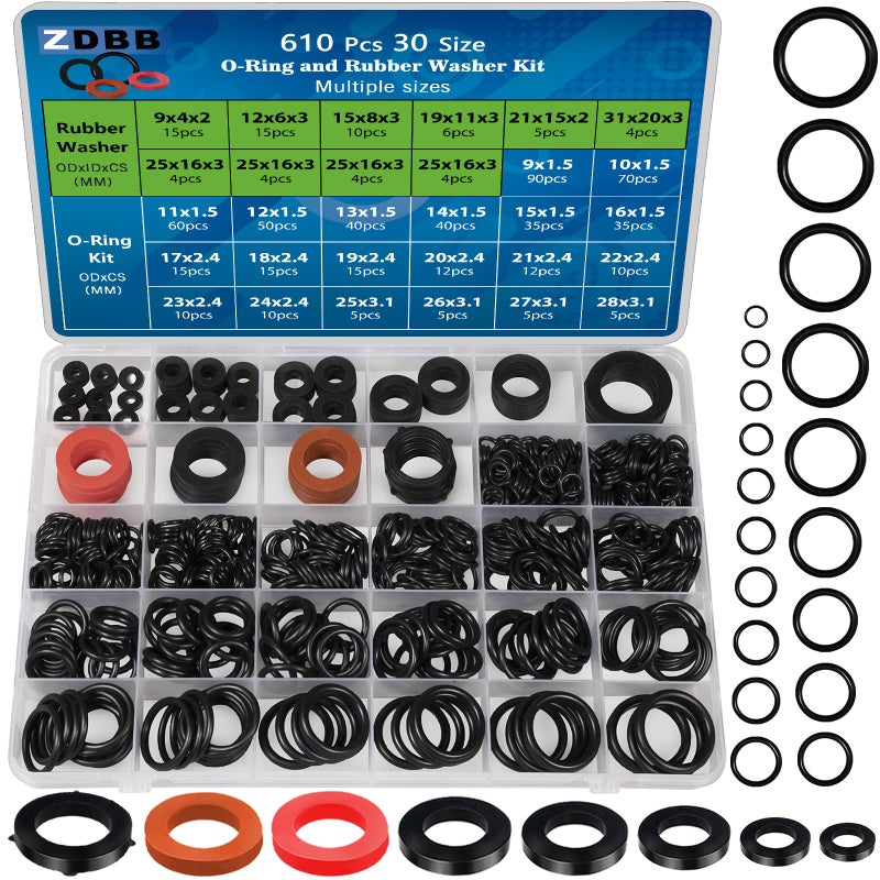 ZDBB 7 Size Water Hose Gasket and 20 Size O Ring Rubber Washer Assortment Kit 610 Pcs Nitrile Washers Set for Plumbing Faucet Pipe Hose Shower Head Pressure Washer Sealing Repair OD 9-31MM - Image 1