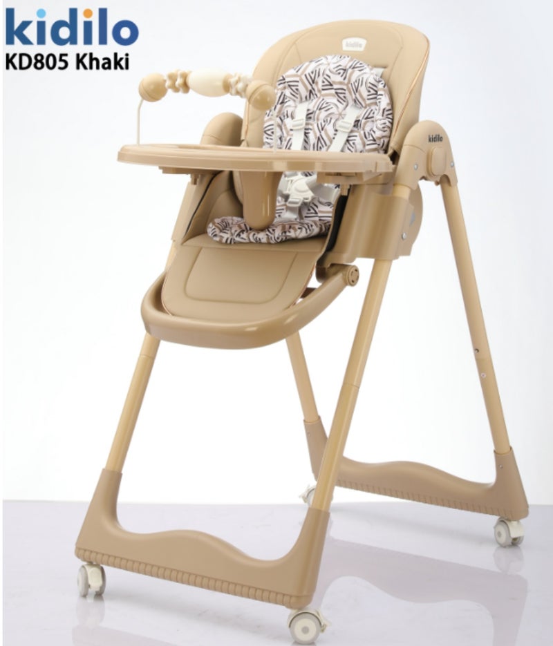 Kidilo KD805 Baby High Chair | Reclining Seat with Padded Insert | Detachable Double Feeding Tray & Toy Bar | 5-Point Safety Harness | Lockable Rolling Wheels | Easy-Clean Design | Wide Stable Base