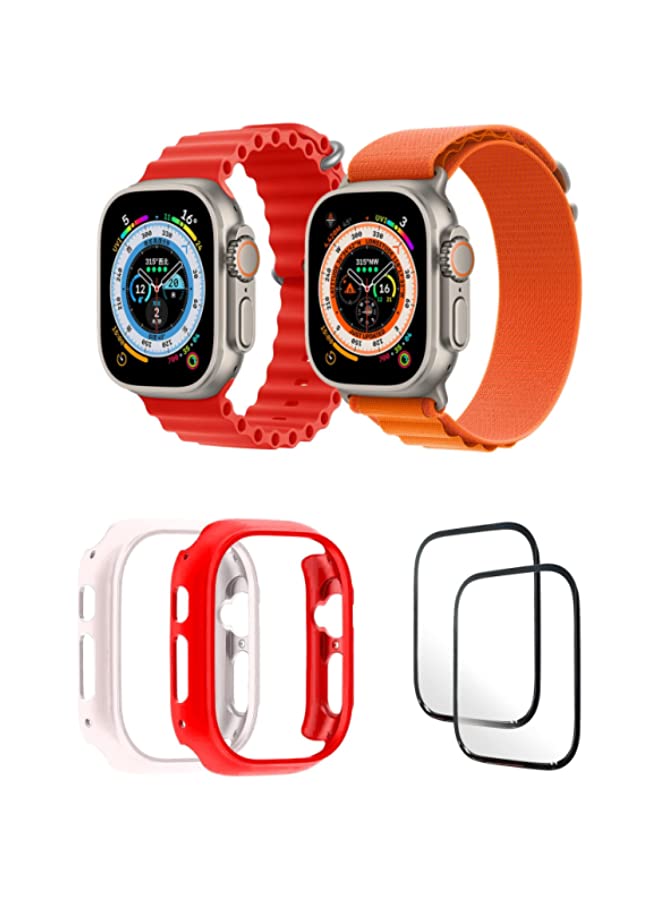 IAF Silicone Ocean Band Strap for iWatch Ultra 8 49mm,Nylon G-hook Loop Buckle Watch Strap, 49mm Red/Orange , Case Compatible with iWatch Ultra 49mm Pink/Red ,2* pcs Watch glass Set of 6