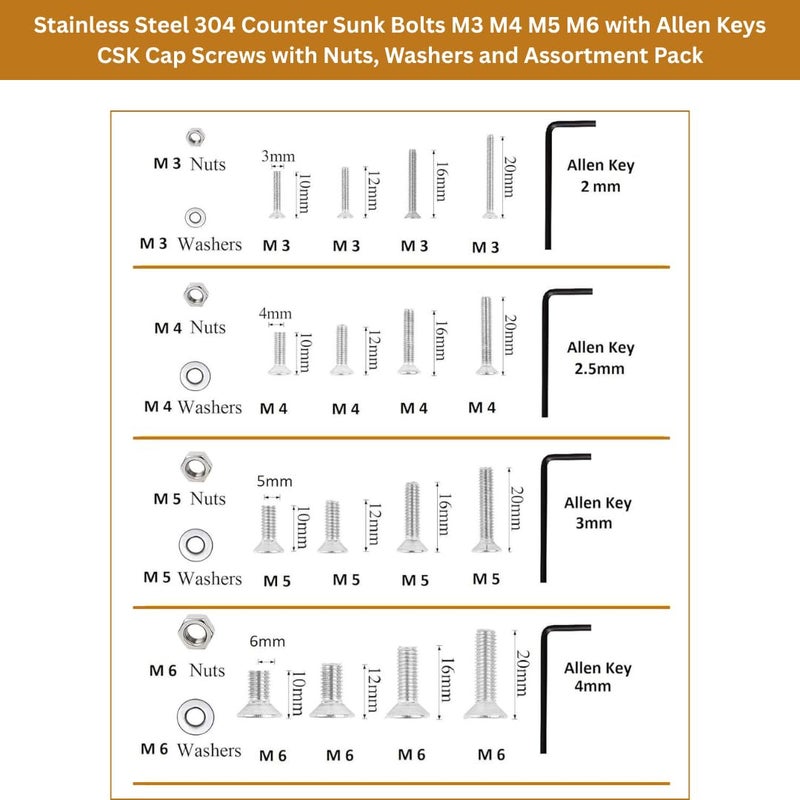 GENERASIS مجموعة براغي ألين ذات الرأس الغاطس CSK – أحجام M3 M4 M5 M6 – براغي ألين برأس مسطح من الفولاذ المقاوم للصدأ 304 مع صواميل سداسية، وغسالات ومفاتيح ألين – مجموعة كاملة من 522 قطعة ذات خيوط كاملة - Image 4