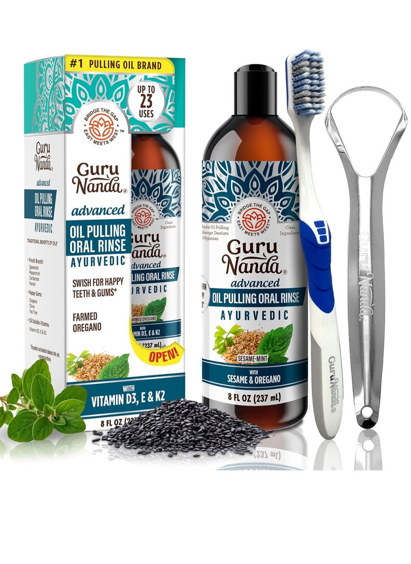 GuruNanda GuruNanda Advanced Oil Pulling with Tongue Scraper - Natural Alcohol-Free Mouthwash with Coconut Oil, Vitamins D & E for Healthy Teeth & Gums(8 Fl Oz)  - Image 1