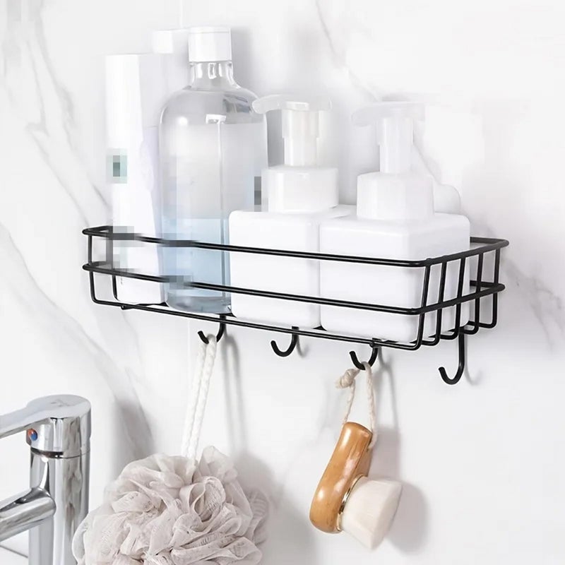 Arena Steel Self-Adhesive Multipurpose Bathroom Shelf for Wall with Hooks/Towel Holder/Rack/Bathroom Organiser Accessories-Wall Mount - Pack of 1 (Black) - Image 5