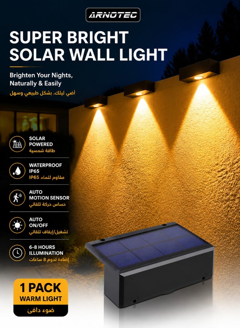 ARNOTEC Super Bright Solar Wall Lights Outdoor Waterproof, Warm White LED Solar Powered Wall Lamps with Up & Down Lighting, Decorative Garden Yard Fence Porch Stair Lights for Home Courtyard – 1 Pack - Image 1