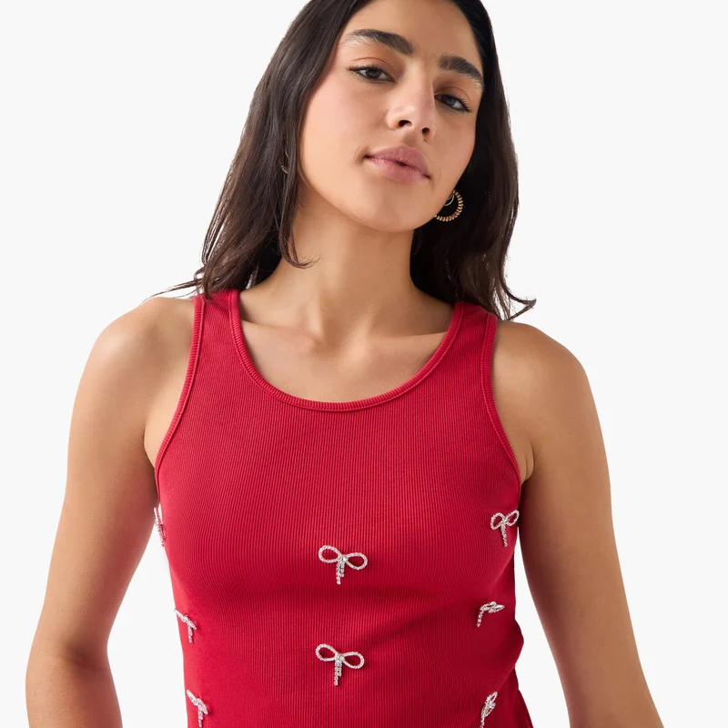 2Xtremz 2Xtremz Ribbed Bow Embellished Sleeveless Top