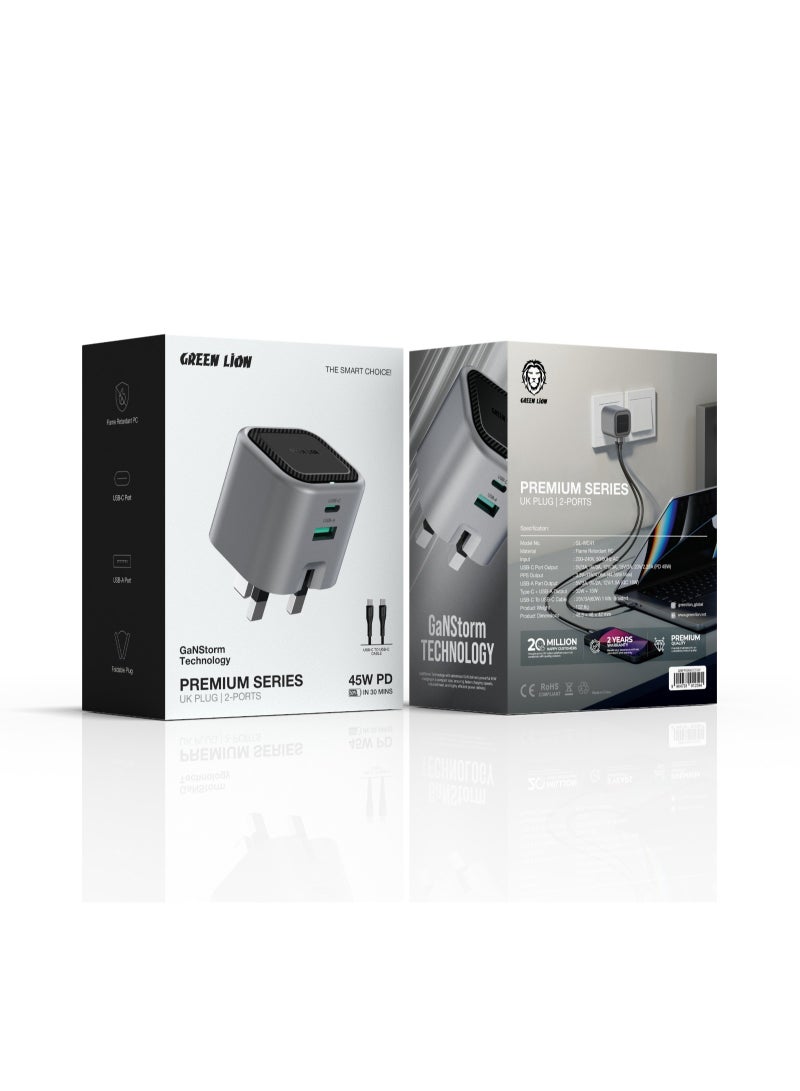 GREEN LION Premium Series GaN Wall Charger - Dual Port, PD 45W,with C to C Cable / Foldable Plug / GaNStorm Technology - Grey - Image 3