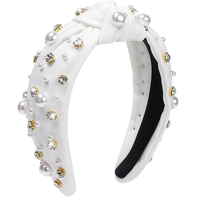 WantGor Pearl Knotted Headband Women Rhinestone Embellished Hairband Elegant Wide Top Knot Bride Headbands Headpieces Party Fashion Elegant Ladies Hair Band Hair Hoop Accessories White - Image 3