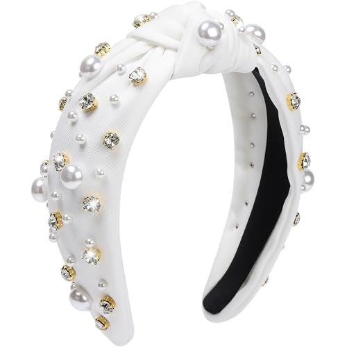 WantGor Pearl Knotted Headband Women Rhinestone Embellished Hairband Elegant Wide Top Knot Bride Headbands Headpieces Party Fashion Elegant Ladies Hair Band Hair Hoop Accessories White - Image 1