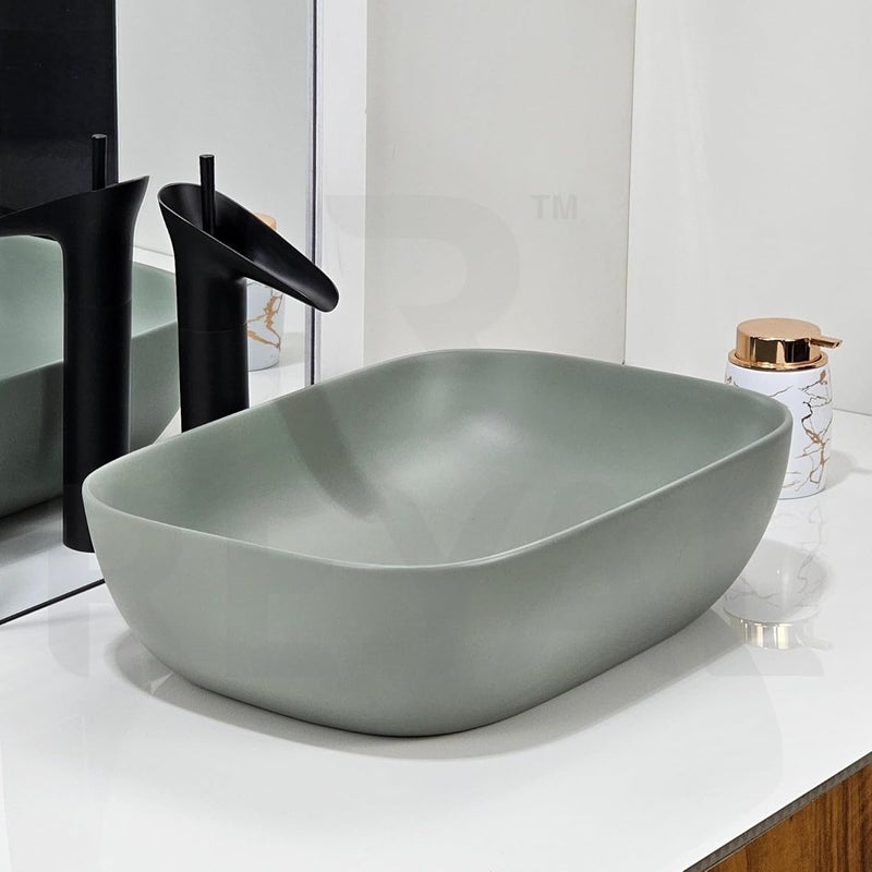 Reyal Modern Color Table Top Wash Basin 13 x 18 x 5 Countertop Vessel Sink Bathroom Sink Wash Basin over counter MATTE MINT - Image 1