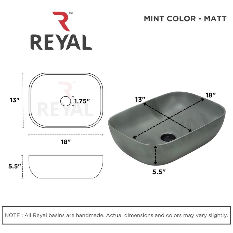Reyal Modern Color Table Top Wash Basin 13 x 18 x 5 Countertop Vessel Sink Bathroom Sink Wash Basin over counter MATTE MINT - Image 4