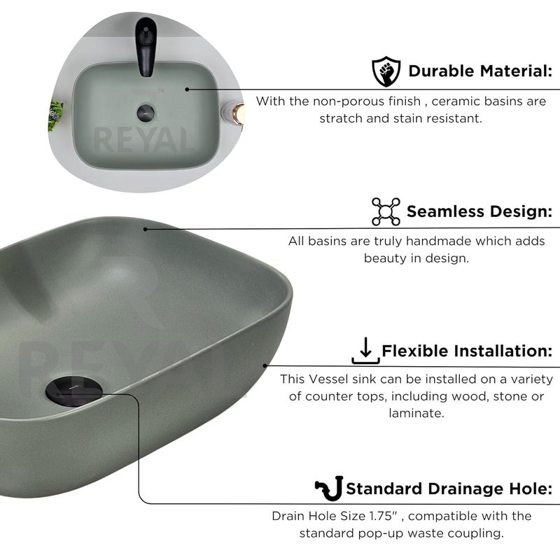 Reyal Modern Color Table Top Wash Basin 13 x 18 x 5 Countertop Vessel Sink Bathroom Sink Wash Basin over counter MATTE MINT - Image 5