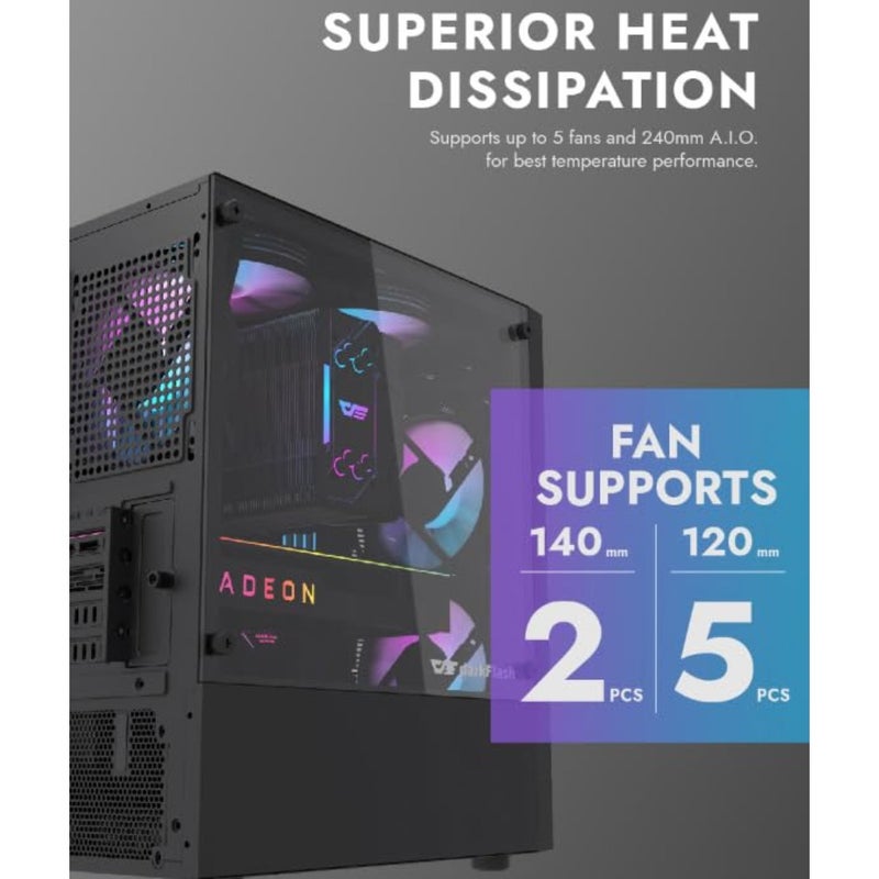 DK300M M-ATX, ITX Tempered Glass Gaming PC Case, 3 RGB Fans Pre-Installed, Supports 240MM Radiator, HDD and SSD Slots, USB 3.0x1, USB 2.0 x2, HD AUDIO and Power, PC Case - Image 5