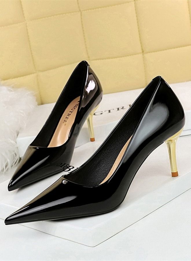 BIGTREE حذاء بكعب عالٍ مدبب من المعدن 7 سم أسود - Image 1