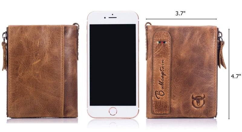 BULLCAPTAIN Genuine Leather Wallet for Men Vintage Bifold with Double Zipper Pockets (Brown) - Image 2