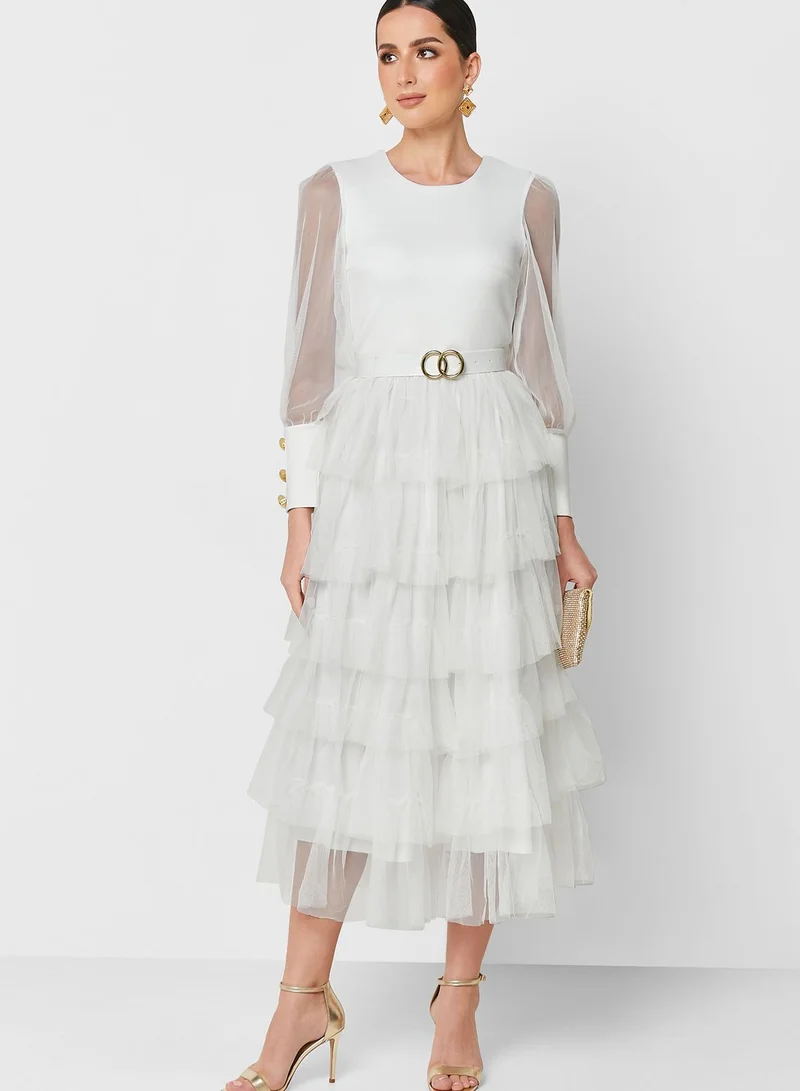 Khizana Mesh Sleeve Tiered Dress
