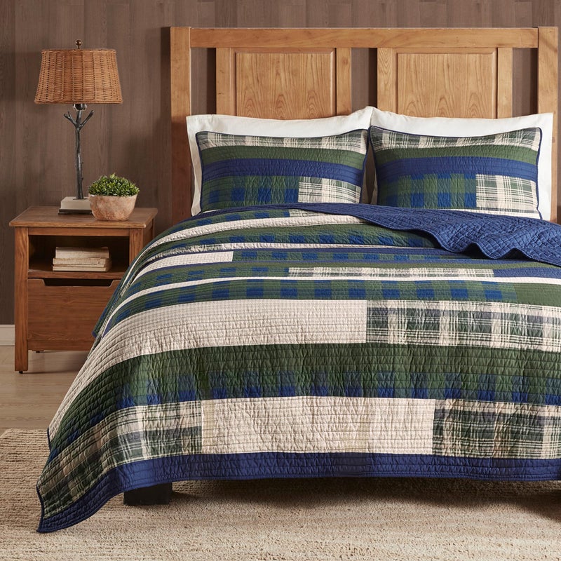 Woolrich John Rich & Bros. Woolrich Spruce Hill Reversible Quilt Set - Cottage Styling Reversed to Solid Color, All Season Lightweight Coverlet, Cozy Bedding Layer, Matching Shams, Oversized Full/Queen, Stripes Green 3 Piece - Image 1