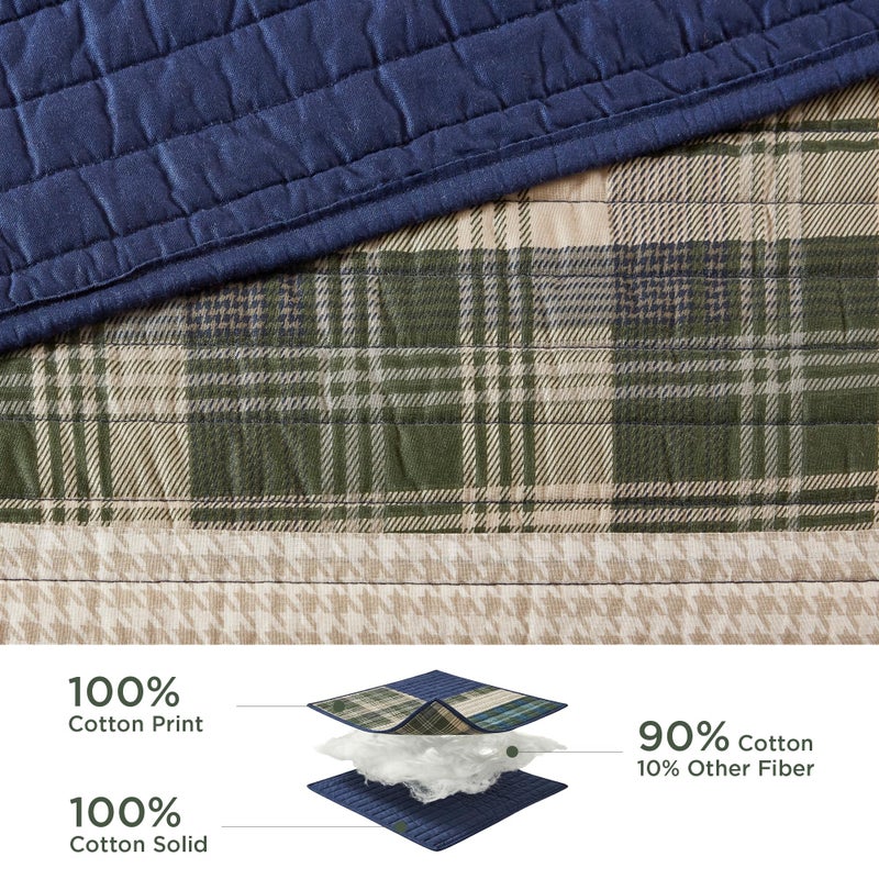 Woolrich John Rich & Bros. Woolrich Spruce Hill Reversible Quilt Set - Cottage Styling Reversed to Solid Color, All Season Lightweight Coverlet, Cozy Bedding Layer, Matching Shams, Oversized Full/Queen, Stripes Green 3 Piece - Image 3