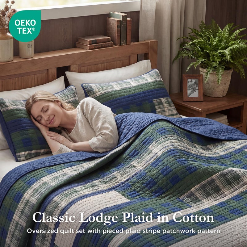 Woolrich John Rich & Bros. Woolrich Spruce Hill Reversible Quilt Set - Cottage Styling Reversed to Solid Color, All Season Lightweight Coverlet, Cozy Bedding Layer, Matching Shams, Oversized Full/Queen, Stripes Green 3 Piece - Image 2