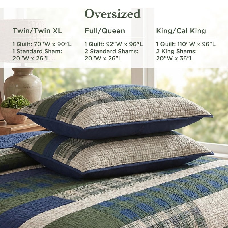 Woolrich John Rich & Bros. Woolrich Spruce Hill Reversible Quilt Set - Cottage Styling Reversed to Solid Color, All Season Lightweight Coverlet, Cozy Bedding Layer, Matching Shams, Oversized Full/Queen, Stripes Green 3 Piece - Image 5
