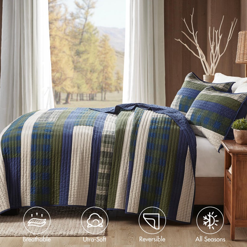 Woolrich John Rich & Bros. Woolrich Spruce Hill Reversible Quilt Set - Cottage Styling Reversed to Solid Color, All Season Lightweight Coverlet, Cozy Bedding Layer, Matching Shams, Oversized Full/Queen, Stripes Green 3 Piece - Image 4