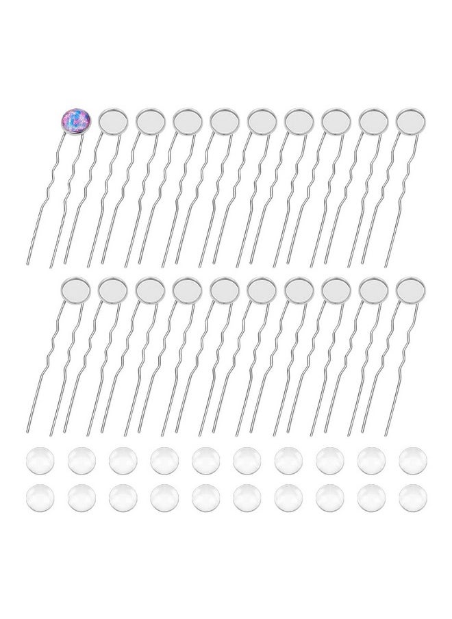UNICRAFTALE - 20 Sets U Shape Hairpins Platinum Round Bezel Tray Blank Hair Pins Brass Diy Cabochon Hair Pins Supplies With Glass Cabochons 12Mm Tray Hair Clips 80Mm Long Hair Fork For Jewelry Making - Image 1