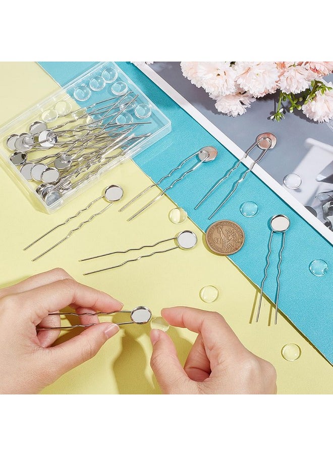 UNICRAFTALE - 20 Sets U Shape Hairpins Platinum Round Bezel Tray Blank Hair Pins Brass Diy Cabochon Hair Pins Supplies With Glass Cabochons 12Mm Tray Hair Clips 80Mm Long Hair Fork For Jewelry Making - Image 1