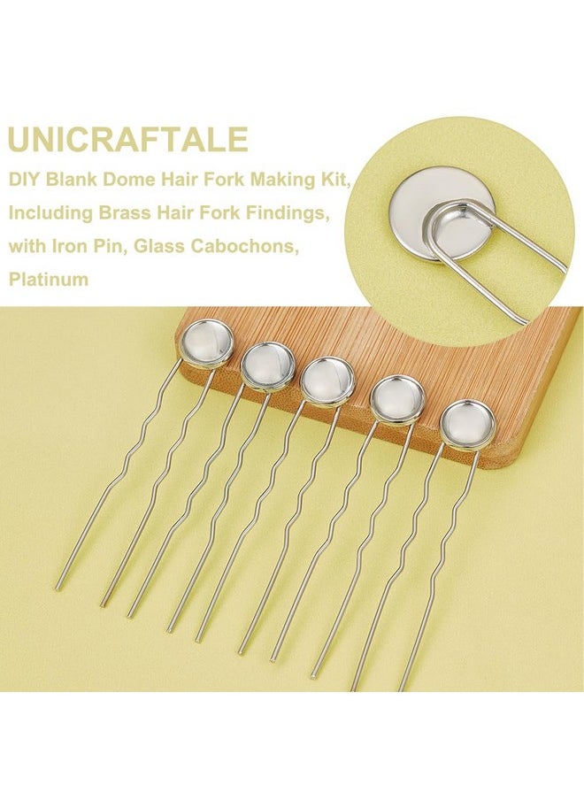 UNICRAFTALE - 20 Sets U Shape Hairpins Platinum Round Bezel Tray Blank Hair Pins Brass Diy Cabochon Hair Pins Supplies With Glass Cabochons 12Mm Tray Hair Clips 80Mm Long Hair Fork For Jewelry Making - Image 1