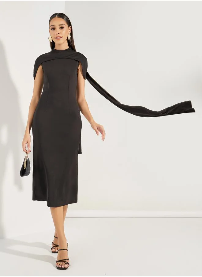 Styli Plain Cape Sleeves Sheath Midi Dress