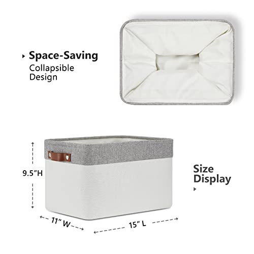 DULLEMELO Storage Baskets for Organizing, Shelves,Bedroom, Decorative Storage Bins with Leather Handles, Fabric Storage Basket for Office, Toys(3-Pack Medium-15 inch X 11 inch X 9.5 inch , Grey&White) - Image 2