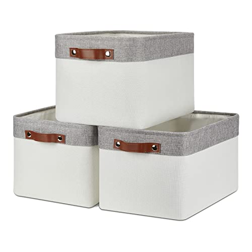 DULLEMELO Storage Baskets for Organizing, Shelves,Bedroom, Decorative Storage Bins with Leather Handles, Fabric Storage Basket for Office, Toys(3-Pack Medium-15 inch X 11 inch X 9.5 inch , Grey&White) - Image 1