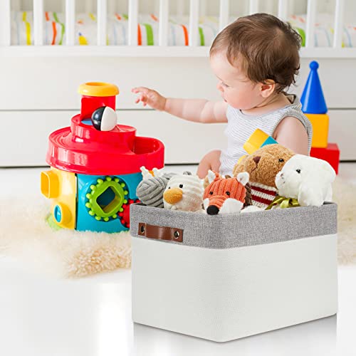 DULLEMELO Storage Baskets for Organizing, Shelves,Bedroom, Decorative Storage Bins with Leather Handles, Fabric Storage Basket for Office, Toys(3-Pack Medium-15 inch X 11 inch X 9.5 inch , Grey&White) - Image 4