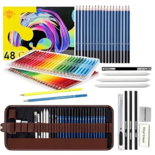 Corslet Set of 77 Pcs Drawing Kit - 48 Pc Colour Pencil Set Pencil Colour & 29 Pc Drawing Charcoal Pencil Set Art Supplies for Artist Includes Oil-Based Colouring Pencils and Sketch Kit for Artists - Image 1