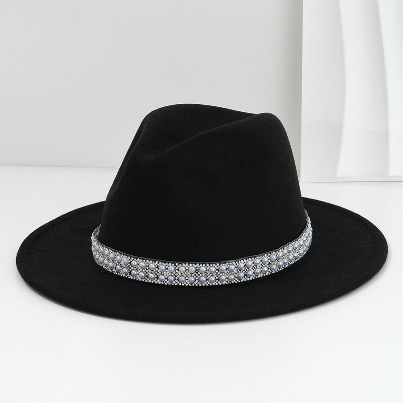 Men'S And Women'S French Felt Topper Hat Wide Accessories Blue Pearl Gem Rhinestone Belt Retro Jazz Hat Bridesmaid Wedding - Image 3